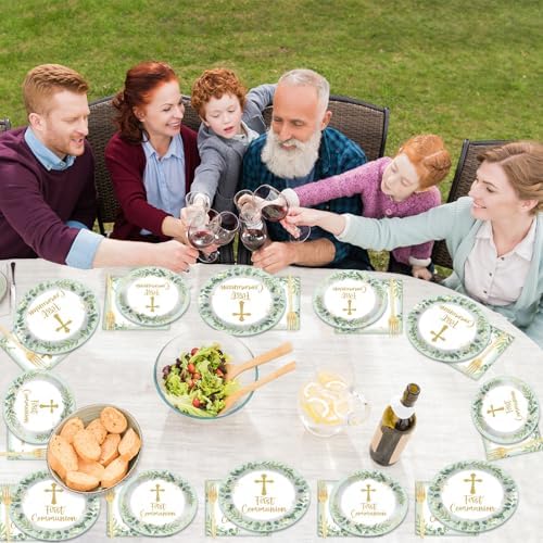 First Communion Party Plates Napkins Green God Bless Baptism Tableware Set Mi Bautizo Dinnerware Eucalyptus Leaf Disposable Paper Plate Fork for Christening Religious Baby Shower Supplies Serve 24 - Image 5