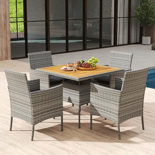HAPPYGRILL 5 Pieces PE Wicker Patio Dining Set with Table and Chairs with Cushions, Outdoor Patio Furniture Set for Deck, Garden and Backyard (Grey Black & Wood) - Image 3