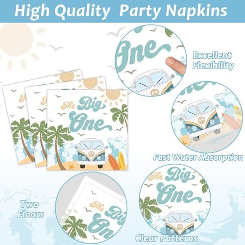 Summer Beach The Big One Party Plates Napkins Boy Surfing First Birthday Decoration Set Hawaiian Palm Tree Dinner Dessert Tableware for Retro Wave Theme Birthday Party Decoration Supplies Serve 24 - Image 4