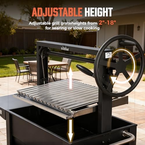 BIG HORN Santa Maria Grill, Argentine Parrilla Grill with Adjustable Height Grate, Wood Fire & Charcoal BBQ Grill, Large Outdoor Open Fire Grill with Storage for Patio & Backyard - Image 3