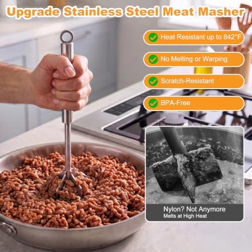Stainless Steel Meat Masher, 6-Blade Ground Beef Chopper Tool, Heavy Duty Hamburger Smasher Potato Masher, Food Grade Vegetable Puree Shredder Mixer Utensil, Kitchen Gadgets, Dishwasher Safe (A) - Image 2