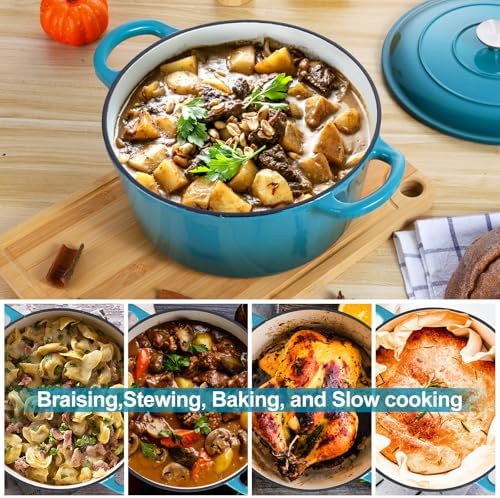 E-far 6 Quart Dutch Oven, Enameled Cast Iron Dutch Oven Pot with Lid, Nonstick Round Cookware for Braising/Stews/Roasting/Bread Baking/Cooking, Heavy Duty, Induction & Oven Safe - Teal Mist - Image 4