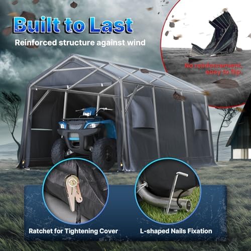 ADVANCE OUTDOOR 10X15 ft Garage Shelter Steel Metal Peak Roof Portable Storage Shed Carport for Motorcycle Boat, or Garden Tools with 2 Roll up Doors & Vents, Gray - Image 4