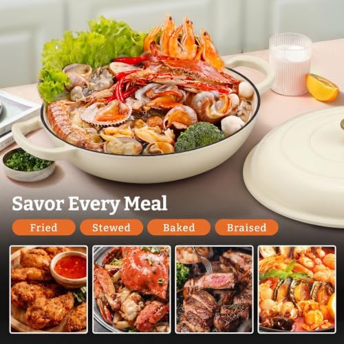Parmedu Cast Iron Dutch Oven, 3.8 Quart, White, Shallow Braiser & Casserole - Image 3