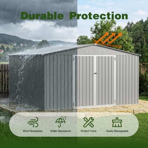 10 x 12 FT Outdoor Storage Shed, Heavy Duty Metal Shed with Lockable Double Door, 2 Magnetic Light, Sloped Roof & Vents for Garden Backyard Lawn,Gray - Image 7