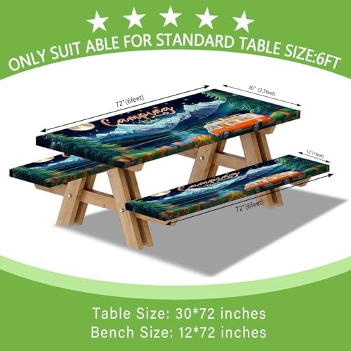 Picnic Table Cover with Bench Covers and Bag, Forest Mountain Lake Fitted Outdoor Table Covers, Camping Essentials, Windproof & Waterproof Tablecloth Cover with Elastic Edge, 3 PCS, 30x72 Inch - Image 2