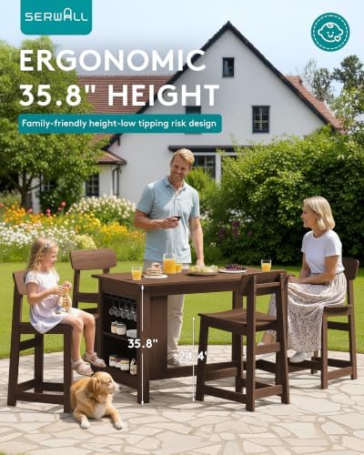 SERWALL 3-Piece Outdoor HDPE Counter-Height Bar Set with 2 Stools, Brown - Image 4