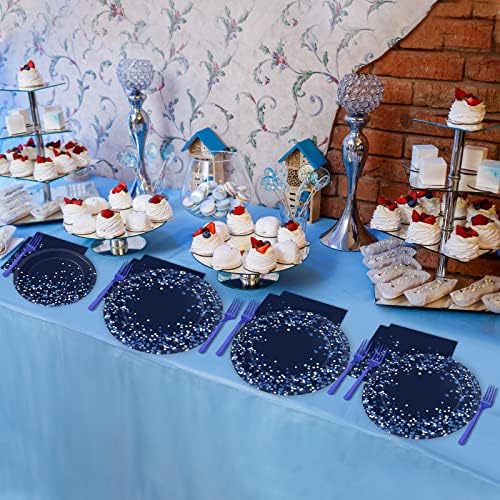 96 Pcs Blue and Silver Party Supplies Dot Confetti Paper Plates Sparkly Glitter Theme Party Decoration Confetti Party Tableware Set Bridal Shower Birthday Party Paper Plate Napkin Fork 24 Guests - Image 6