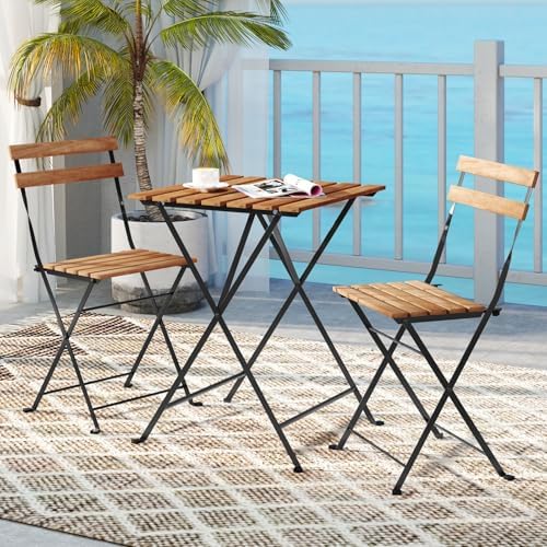 GIANTEX 3-Piece Acacia Wood Bistro Set, Patio Bistro Table with 2 Folding Chairs, Slatted Seat & Tabletop, Metal Frame, Outdoor Furniture Set for Backyard, Porch, Garden, Poolside (Black + Brown) - Image 5