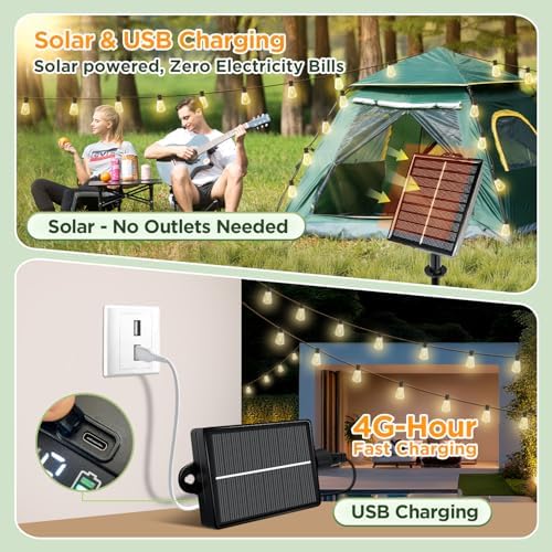 200FT Solar String Lights Outdoor Waterproof with Remote & Timer, LED Shatterproof ST38 Bulbs, USB & Solar Powered Patio Lights for Backyard, Porch, Garden, Wedding, Christmas Decor - Image 3