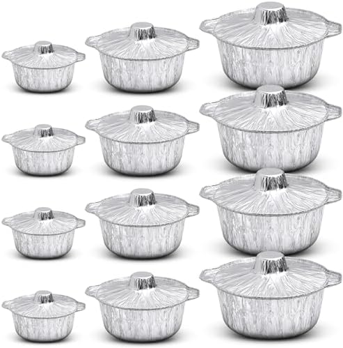 Ziliny Disposable Aluminum Pot with Lid Round Foil Pans Disposable Cookware Food Container for Vacation Trips Camping Baking Heating Cooking(12 Pcs,33.8, 67.6, 121.7 oz) by Ziliny