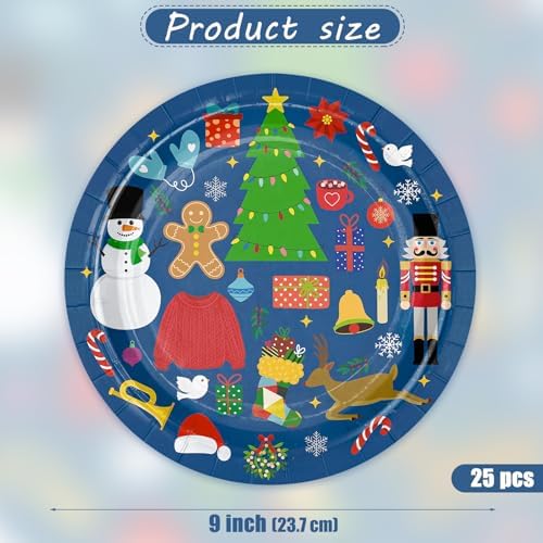 WRAPAHOLIC 25Pcs Christmas Paper Plates - 9 Inch Blue Holiday Party Disposable Plates Decorative Dinner Plates for Christmas Party Tableware Supplies Table Decor - Image 2