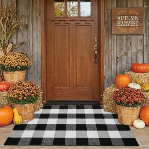 SEEKSEE Fall Decor Buffalo Plaid Outdoor Rug 27.5x43 Black and White Front Door Mat, Layering Rug for Porch, Washable Doormat, Cotton Area Rug for Outdoor Entrance Entryway Patio Porch Decor by SEEKSEE