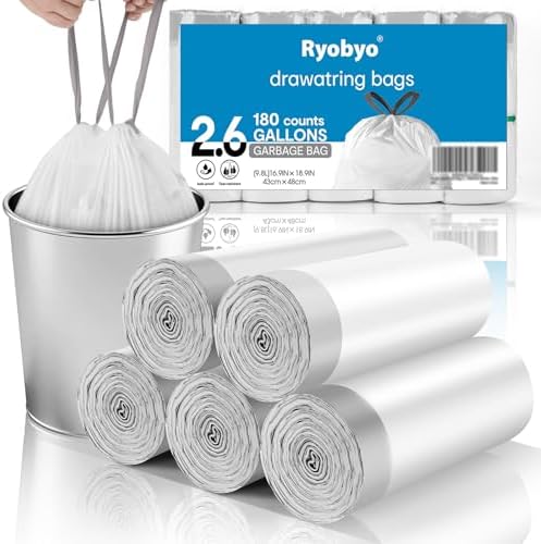 180 Ct 2.6 Gal Drawstring Small Trash Bags, Unscented for Bathroom by RYOBYOTRASHBAGS