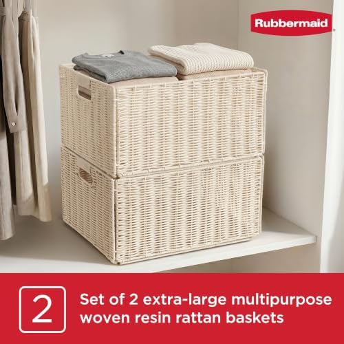 Rubbermaid Woven Storage Baskets - Set of 2 Stackable and Collapsible Bins with Handles, Extra-Large Resin Rattan Organizers for Shelves, Closet, Bathroom, Bedroom, 18.75” x 13.75", Ivory - Image 2