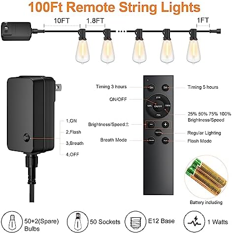 100FT Remote Outdoor String Lights for Outside, 50+2 LED Waterproof Shatterproof Edison Dimmable Timer Bulbs, 2500K Warm White Patio Lights for Garden Backyard Yard Hanging Lighting - Image 6