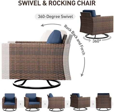 UDPATIO Patio Furniture Set, 5 Pieces Outdoor Conversation Sets with Rocking Swivel Chairs, Wicker Rattan Outdoor Sofa Set with Storage Table and Waterproof Covers for Backyard, Deck, Porch, Navy - Image 4