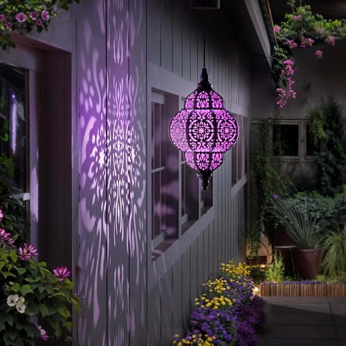 Hapjoy Hanging Solar Lights Outdoor Garden Decor Solar Lantern Waterproof Plastic Moroccan Outdoor Decorations for Patio Pathway Yard Backyard Garden Decorative (2, Purple) - Image 7