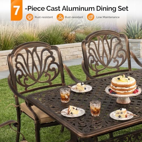VINGLI 7 Pieces Outdoor Dining Set, Cast Aluminium All-Weather Patio Dining Set for 6 with Umbrella Hole, Outdoor Dining Table and Chairs with Cushion for Yard, Garden, Porch and Poolside, Bronze - Image 5