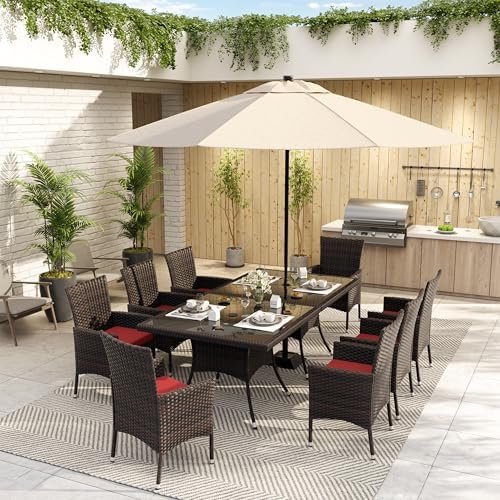ALAULM 10 Piece Patio Dining Set All-Weather Wicker Outdoor Dining Table and Chairs w/Tempered Glass Tabletop, Removable Cushions and Umbrella Hole for Patio, Backyard, Garden, Poolside (Red) - Image 2