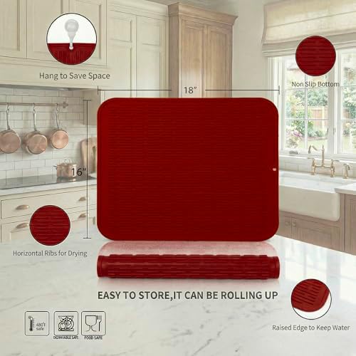MicoYang Silicone Dish Drying Mat for Multiple Usage,Easy clean,Eco-friendly,Heat-resistant Silicone Mat for Kitchen Counter or Sink,Refrigerator or Drawer Liner Red XL 18 inches x 16 inches - Image 2