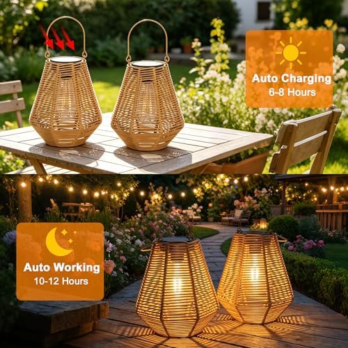 pearlstar Solar Lanterns Outdoor 2 Pack Rattan Hanging & Table Decor Lights - Image 4