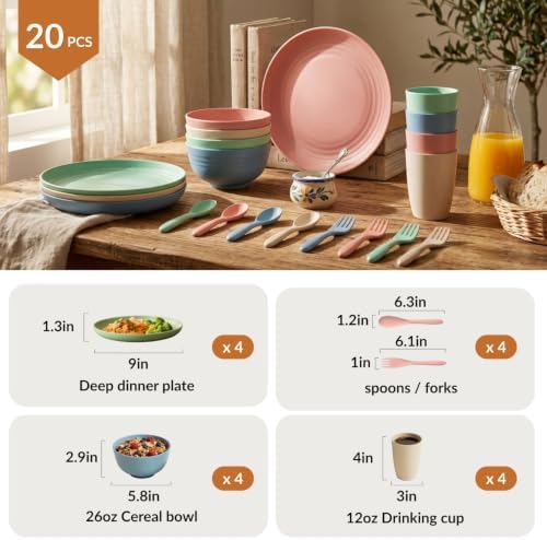 Homienly Wheat Straw Dinnerware Sets 20 PCS Plates and Bowls Sets Microwave and Dishwasher Safe Dish Set Unbreakable Camping Dish Set Cups and Plates Sets for Kitchen, Picnic, RV (Multilight) - Image 2
