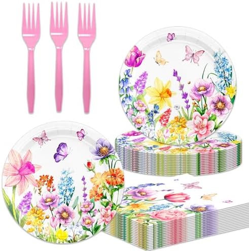 48Pcs Wildflower Party Decorations Disposable Vintage Floral Birthday Plates Napkins Forks Supplies Birthday Decor Serves 16 Wildflower Baby Girl Shower Decorations by Unknown