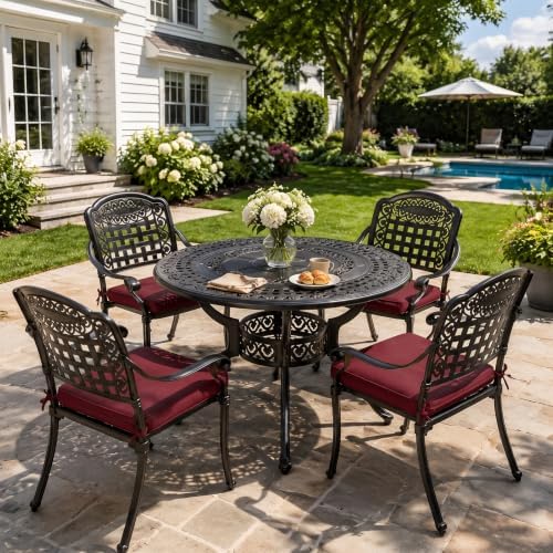 VIVIJASON 5-Piece Patio Furniture Dining Set, All-Weather Cast Aluminum Outdoor Conversation Set, Include 4 Cushioned Chairs and 1 Round Table w/Umbrella Hole for Balcony, Lawn, Backyard, Red Cushion - Image 2