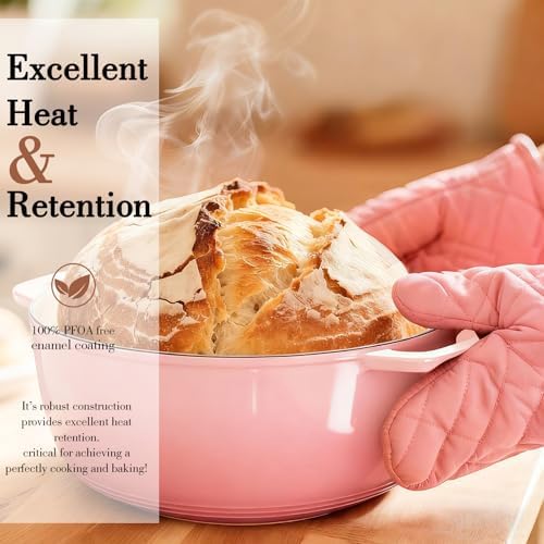 Umite Chef 6QT Enameled Cast Iron Dutch Oven with Lid, Versatile Heavy-Duty Cookware Pot for Baking Bread, Braising, Soups & Stews, Oven & Stovetop Safe with Heat Resistant Gloves(Pink) - Image 3