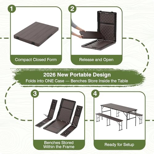 Picnic Table Set with 2 Benches,6 Feet Folding Camping Table Chair Set with Wood Grain Tabletop,3-Piece Outdoor Indoor Portable Folding Furniture for Party, Camping, Picnic, Weddings (Brown) - Image 2