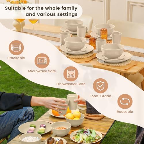 Homienly Premium Wheat Straw Dinnerware Sets, Lightweight & Unbreakable Plates and Bowls Sets,Cups,Service for 4,Dishwasher and Microwave Safe 16 PCS Dish Sets for Home，Camping- Beige - Image 6