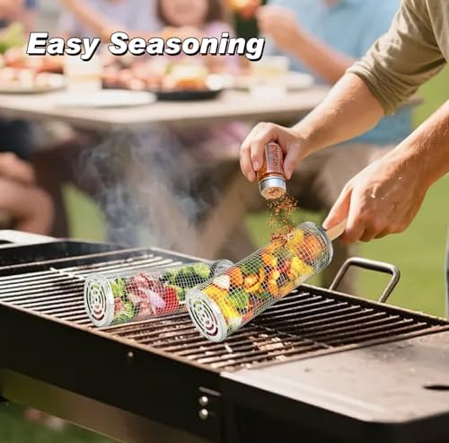 2PCS Rolling Grill Basket Grilling Accessories - Removable Wooden Handle, 304 Stainless Steel,Nesting Barbecue Tools,Smoker BBQ Accessories for Vagetable,Outdoor Cooking Camping,Picnic,Dinner Party,Gifts for Men Dad and Husband - Image 4