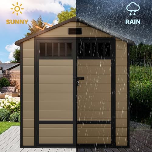 DWVO Outdoor Storage Shed, All-Weather Resin Plastic Storage Shed with Windows, Slanted Roof, Raised Floor, Capacity for Garden Tools/Equipment, Ideal for Backyard Garden - Image 5
