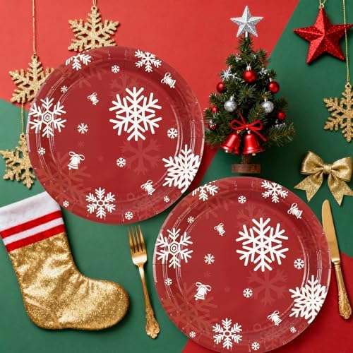 50PCS Christmas Paper Plates, 7 Inches Xmas Plates Disposable Red Snowflake Dinner Dessert Tableware Dinnerware Set for Christmas Winter Holiday Party Supplies Decorations Table Decor - Image 2