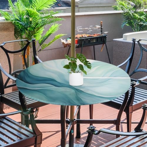 Fitted Round Tablecloth with Umbrella Hole and Zipper Abstract Teal Blue Outdoor Elastic Table Cloth 36"-44" Oil-Proof Waterproof Texture Patio Table Cover for Party Outdoor - Image 2