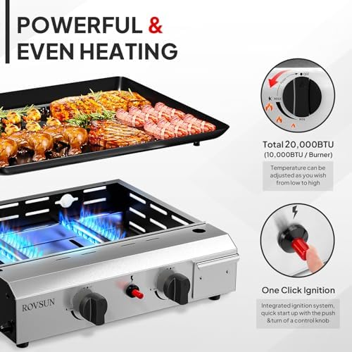 ROVSUN 2 Burner Portable Propane Griddle with Electronic Ignition, 20000 BTU Rolling Flat Top Gas Grill with Nonstick Enameled Tray, Side Shelves & Regulator for Outdoor Cooking Camping BBQ Tailgating - Image 2