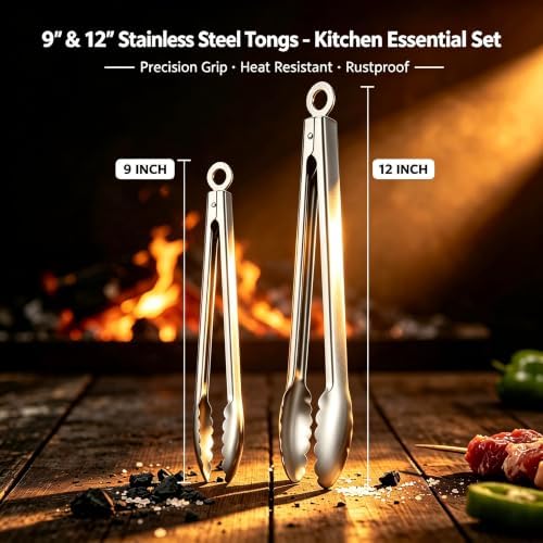 Stainless Steel Cooking Tong Set - 12" & 9" Locking Kitchen Tongs - Image 6