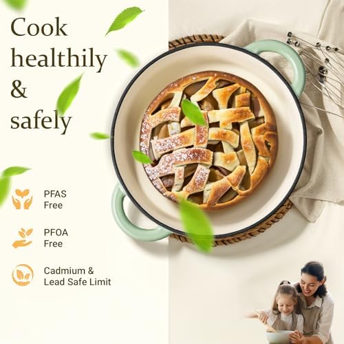 Overmont Enameled Cast Iron Dutch Oven - 7QT Pot with Lid Cookbook & Cotton Potholders - Heavy-Duty Cookware for Braising, Stews, Roasting, Bread Baking Verdant - Image 2