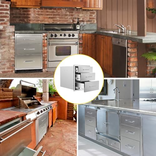 Outdoor Kitchen Drawers 18" W x 21" H x 23" D Flush Mount Triple BBQ Drawers with Chrome Handle Stainless Steel Drawer for Outdoor Kitchen Island, Patio Grill Station - Image 6