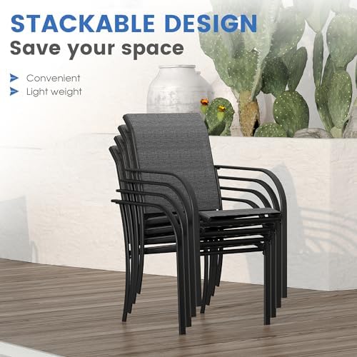 VICLLAX Patio Dining Set for 6, 7 Pieces Outdoor Furniture Set- 47" Round Patio Table and Stackable Chairs, Black Tabletop and Grey Fabric - Image 5