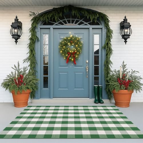 Christmas Green & White Plaid Rug - 4' x 6' Outdoor Front Door Decor Mat Cotton Washable Hand-Woven Rug Christmas New Year Holiday Porch Entryway Layered Doormat - Image 7