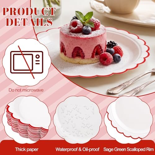 NatNarr 30 Pk Red Paper Plates 7" Scalloped Red White Dessert Cake Plates - Image 3