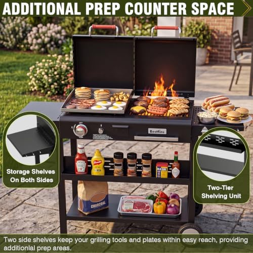 Bestfire Dual Fuel Gas & Charcoal Grill Combo, 327 Sq.In Propane Flat Top Griddle w/Cast Iron Griddle, Dual Lids, Side Shelves, Outdoor Griddle for Small Gatherings & Cookouts - Image 5