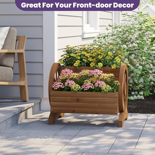 Wooden Wagon Planter Box, Standing Garden Planter, Decorative Outdoor Container,Coffee - Image 5