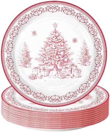 WRAPAHOLIC 25Pcs Christmas Paper Plates - 9 Inch Sketch Christmas Tree Disposable Plates Decorative Dinner Plates for Holiday Party Tableware Supplies Table Decor by WRAPAHOLIC