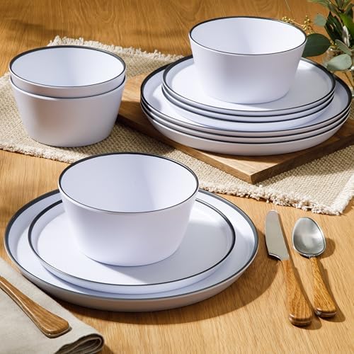 Gibson Home Folsom Shores 12 Piece Unbreakable Modern Melamine Plates and Bowls Dinnerware Set - Outdoor, Camping, & Everyday Use - White W/Black Rim - Image 2