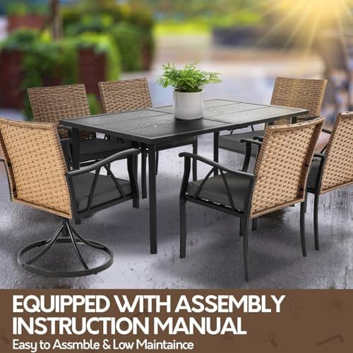 7-Piece Patio Dining Set for 6, Outdoor Dining Set with Wicker Swivel Patio Dining Chairs with Cushions & Black Rectangular Woodgrain Dining Table with 1.75”Umbrella Hole, Black & Brown - Image 6