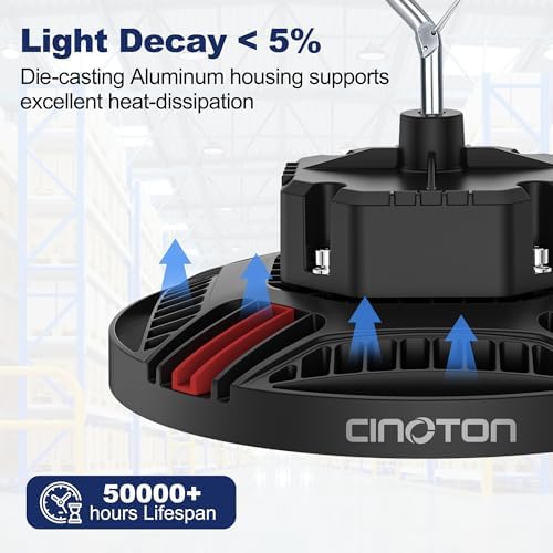 CINOTON 160W UFO LED High Bay Light, Aluminum LED Shop Lights with 24000LM, 5000K Commercial Bay Lighting for Warehouse Garage Workshop Factory Studio, 6' Cable & Safety Rope, ETL Listed 4 Pack - Image 6