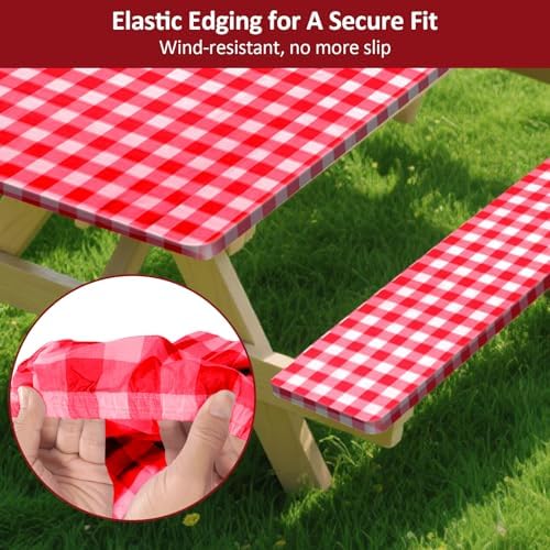 7ft 84in Picnic Table and Bench Cover, 3 Pack, Red-White Checkered - Image 4